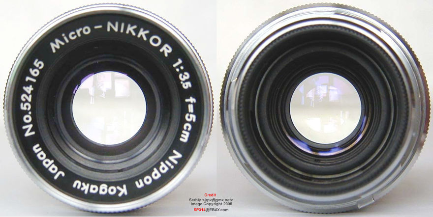 Front view and rear lens mount view of Nippon Kogagu Japan / Nikon S-mount rangefinder series of Micro-Nikkor 1:3.5 f=5cm