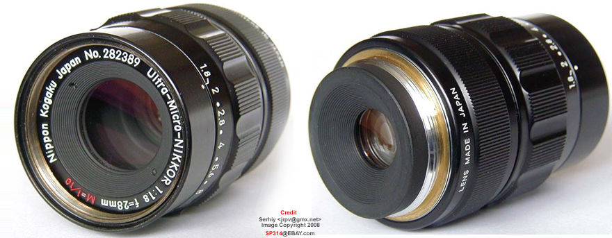 Front and lens barrel view of a Nikon Ultra-Micro-NIKKOR 28mm f/1.8e-line lens