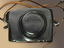 A rare black leather camera case for Nikon SP rangefinder cameras front view