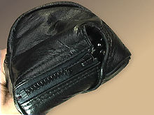 a rare soft leather case/pouch for any Nikon S-series rangefinder camera models side view with tightening zip