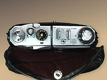 a rare soft leather case/pouch for any Nikon S-series rangefinder camera models top view with camera inside