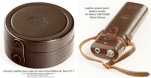 Leather cases for lens hood and power pack, battery holder for Nikon old motor drive 