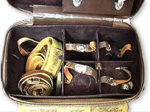 Old brown leather compartment case for Nikon rangefinder cameras compartment views