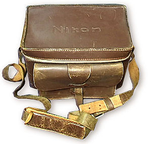 Old brown leather compartment case for Nikon rangefinder cameras full view