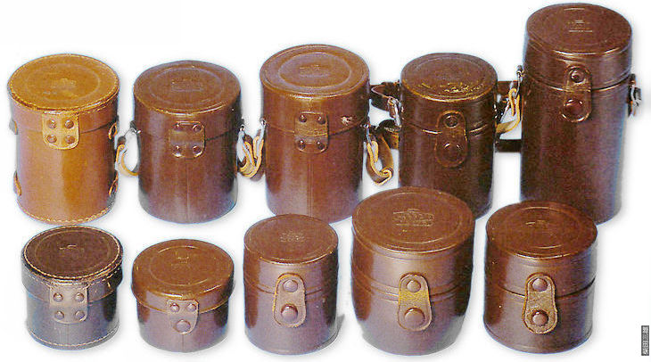 Various original lens cases for RF Rangefinder Nikkor lenses from short, wide, standard to telephoto Nikkor lenses use
