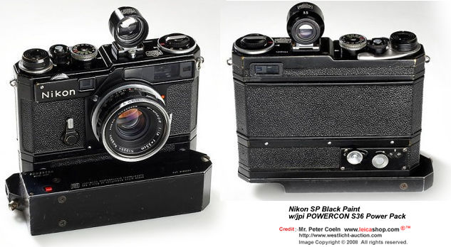 An NIKON SP in black with jpi POWERCON cordless power pack for Nikon S36 rangefinder camera