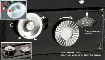 Selector dial, frame counter and mode selection lever at the back of the NIKON S36 electric motor drive 