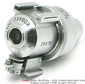 Rear section view of a Nikon (Nippon Kogaku K.K.) early all chrome version of the Variframe Optical Viewfinder for Nikon  S-series rangefinde cameras