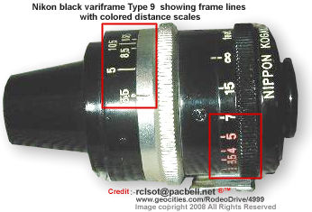 Nippon Kogaku K.K. variframe finder for  Nikon rangefinder cameras BLACK version ype 9 top view showing  various focal lengths (Nikon) & colored close focus scales
