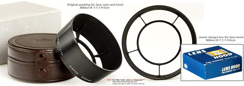 original lens hood and packing box for NIKKOR-N 5cm 1:1.1 (50mm f/1.1) standard lens