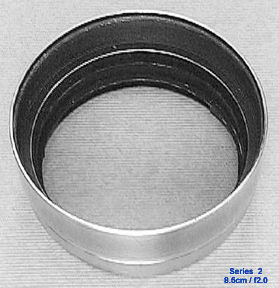 2nd 2-pieces version of chrome metal lens hood for Nikkor-P 8.5cm f/2.0 telephoto lens front view