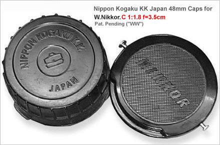 front section view of 48mm Pat. Pending inscription of a Nippon Kogaku JAPAN post occupation period lens cap in newer design for W.NIKKOR 35MM F/1.8 WIDEANGLE LENS