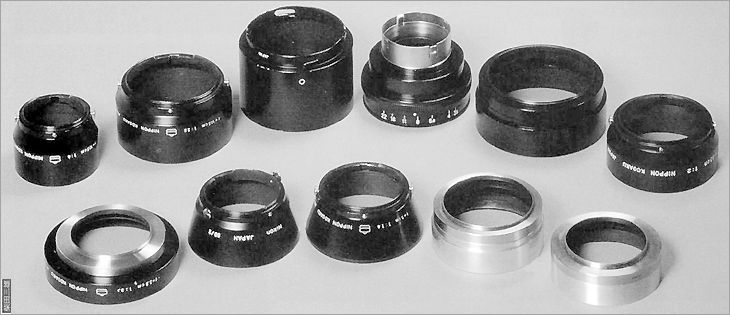 Various lens hood designs appeared throughout the Nikon rangefinder era