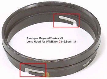 The bayonet type lens hood design used in the f=2.5cm 1:4.0 ultra-wideangle RF Nikkor lens