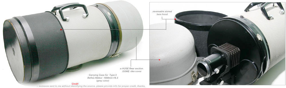 Grey color Nikon Reflex Nikkor (Mirror lens) 1000mm f/6.3 in carrying case, lens hood and rear dome cap 