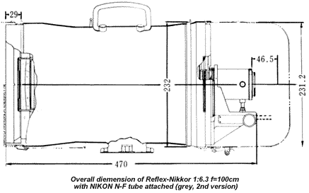 overall dimension of Nikon Reflex-Nikkor 1:6.3 f=100cm (1000mm f/6.3 mirror lens) for rangefinder system