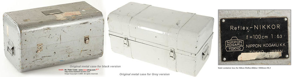metal carrying case for black and grey versions of Nikon Reflex-Nikkor 1:6.3 f=100cm (1000mm f/6.3 mirror lens) for rangefinder system