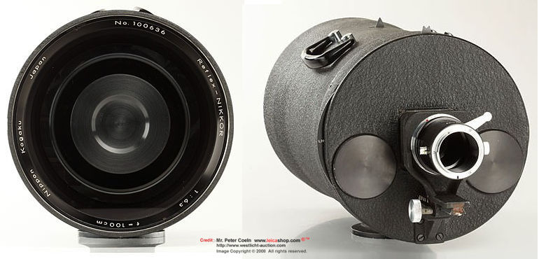 front lens element and rear section of a Nikon Reflex-Nikkor 1:6.3 f=100cm (1000mm f/6.3 mirror lens) for rangefinder system
