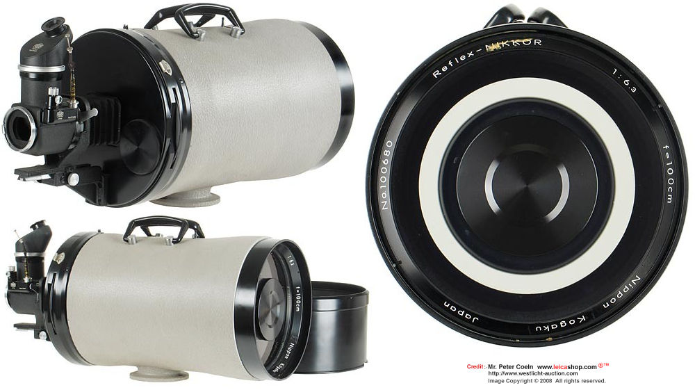 few lovely views of a grey color Nikon Reflex-Nikkor 1:6.3 f=100cm (1000mm f/6.3 mirror lens) for rangefinder system
