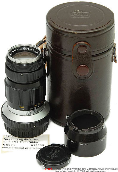 Standard system accessories for a typical F mount version of the Nikkor-T 1:4 f=10.5cm (Nikkor-T 105mm f/4.0 non Ai Nikkor) telephoto lens for Nikon reflex SLR camera system