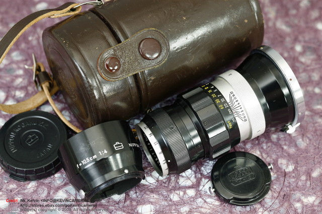 Standard system accessories for a typical rangefinder version of the Nikkor-T 1:4 f=10.5cm (RF Nikkor-T 105mm f/4.0) telephoto lens for Nikon rangefinder camera system