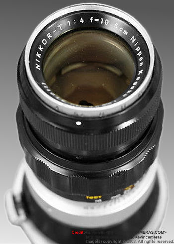 Sectioned front view of of a rangefinder (RF) version of the Nikkor-T 1:4 f=10.5cm (Nikkor-T 105mm f/4.0) telephoto lens for Nikon rangefinder system with lens data