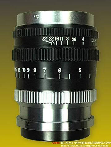 Lens view B with smaller aperture scales  marked on a rangefinder ( RF ) version of he Nikkor-P.C 1:2.5 f=10.5cm (105mm f/2.5) Telephoto lens for rangefinder Nikon cameras