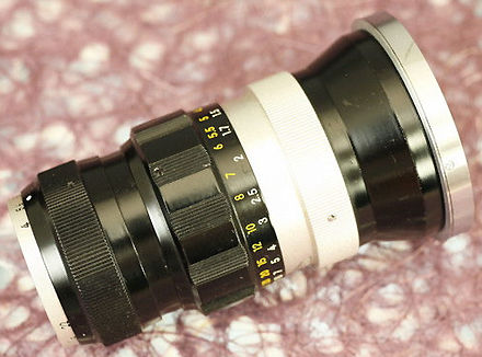 various lens features on a rangefinder (RF) version of the Nikkor-T 1:4 f=10.5cm (Nikkor-T 105mm f/4.0) telephoto lens for Nikon rangefinder system VIEW A