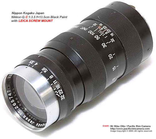 Nikon  Nikkor-Q.C 1:3.5 f=13.5cm all Black Paint with LEICA SCREW MOUNT LSM