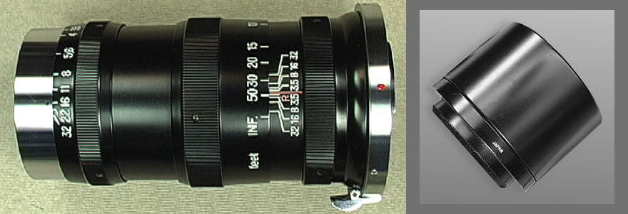 Side view and features, black lens hood for Nikon RF  Nikkor-Q.C 1:3.5 f=13.5cm  