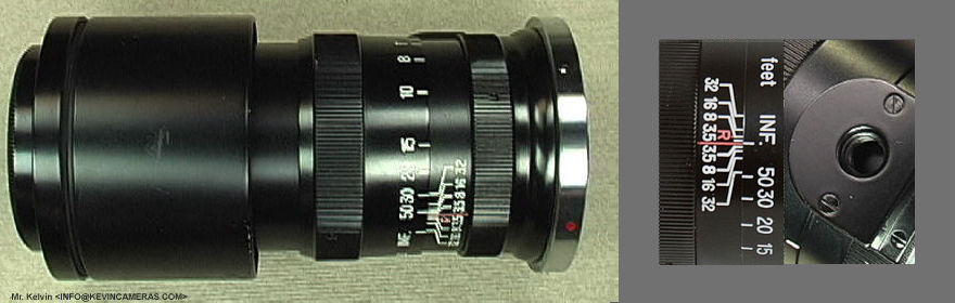 Black lens hood and reversible stored position on the Nikon's black version Nikkor-Q.C 1:3.5 f=13.5cm telephoto lens for rangefinder Nikon cameras