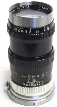 Vertical view of a typical new design (black colour) Nippon Kogagu Japan Nikkor-Q.C 1:3.5 f=13.5cm  for Nikon rangefinder cameras