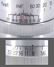 Depth of field scales in f/32 on the Nikkor-Q.C 1:3.5 f=13.5cm telephoto lens for rangefinder Nikon cameras