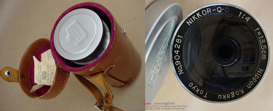 leather lens case and front lens data ring inscription of a typical Nippon Kogaku Tokyo / Nikon's RF Nikkor-Q.C 1:3.5 f=13.5cm telephoto lens with MIOJ Made in OCcupied Japan engravings