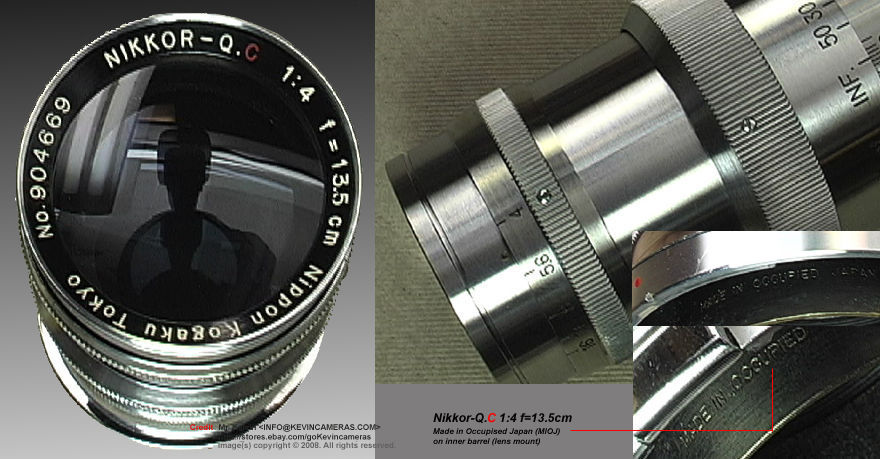 An old, chrome/brass metal Nippon Kogaku Tokyo / Nikon's RF Nikkor-Q.C 1:3.5 f=13.5cm telephoto lens made during Japan occupation period  with MIOJ engravings