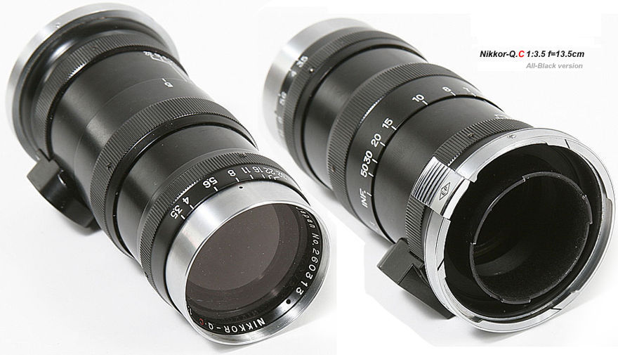 Front and rear section view of an early all black / black paint version of Nikon Nikkor-Q.C 1:3.5 f=13.5cm telephoto lens for rangefinder Nikon cameras