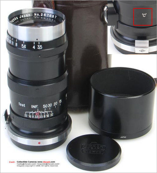 Contax  bayonet mount version of the Nikon all-black / black paint version of Nikkor-Q.C 1:3.5 f=13.5cm telephoto lens for rangefinder Nikon cameras