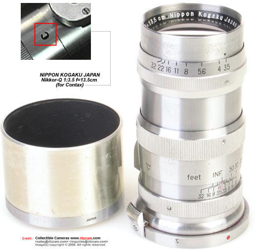 Contax bayonet mount version of Nikkor-Q.C 1:3.5 f=13.5cm telephoto lens for rangefinder Nikon cameras