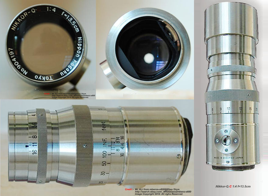 various high quality pictures of a typical chrome on brass Nippon Kogaku Tokyo / Nikon's RF Nikkor-Q.C 1:3.5 f=13.5cm telephoto lens with MIOJ  engrvings