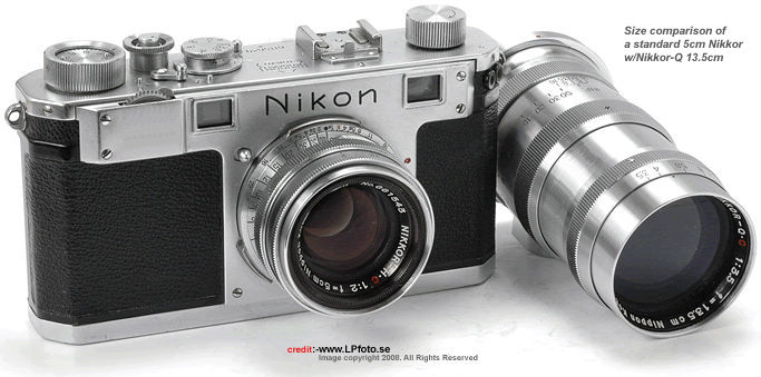 Size comparison between Nikkor-Q.C 1:3.5 f=13.5cm with Nikkor-H.C 1:2 f=5cm with a Nikon rangefinder camera