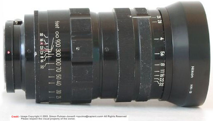 Nikon Bayonet S-mount of the Nikkor rangefinder version  of Nikkor 1:2.5 f=18cm (180mm f/2.5) telephoto lens by Simon Side Lens feature view