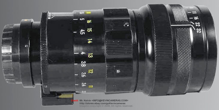 Side detail view of an preset version of the   Nikon (Nippon Kogaku K.K.) RF Nikkor-Q 1:4.0 f=25cm (250mm f/4.0) telephoto lens