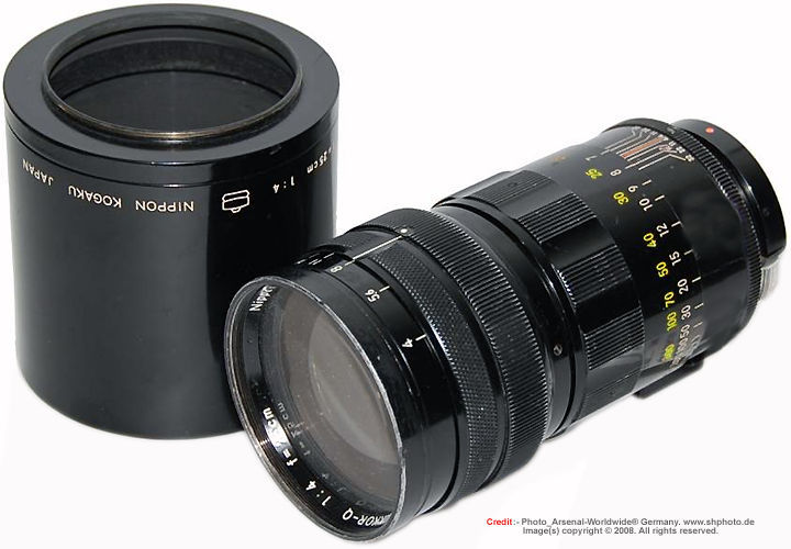  Nikon (Nippon Kogaku K.K.) RF Nikkor-Q 1:4.0 f=25cm (250mm f/4.0) telephoto lens with matching /dedicated metal lens hood for use with Nikon Reflex Housing Unit