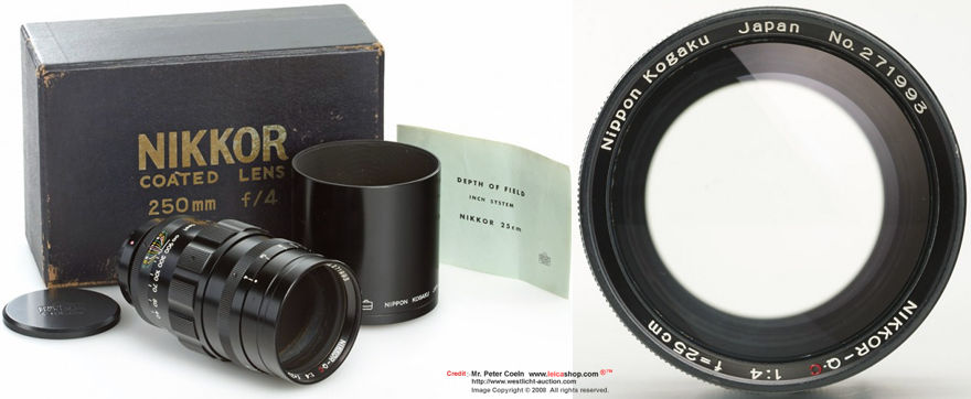 original maker box and front view of a Nikkor-Q.C 250mm f/4 telephoto lens for rangefinder Nikon cameras