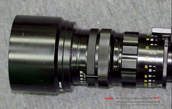 The extra long lens hood on a Nikkor Ranegfinder RF 250mm f/4 telephoto lens