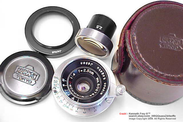 Various system accessories for Leica Screw Mount (LSM) W.Nikkor 2.5cm 1:4 wideagle lens