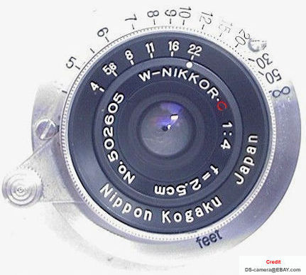 Front view of a M39 Leica SM Mount W-Nikkor.C 1:4 f=2.5cm lens