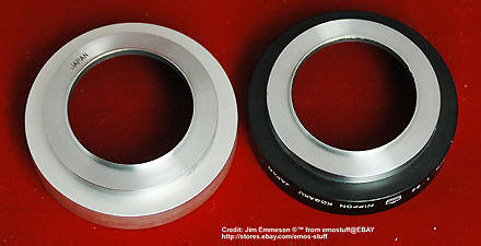 A Black and chrome version of the lens hood for  Nikon W-Nikkor-C 1:3.5 f=2.8cm (28mm f/3.5) wideangle lens in Nikon Bayonet S-Mount  base view