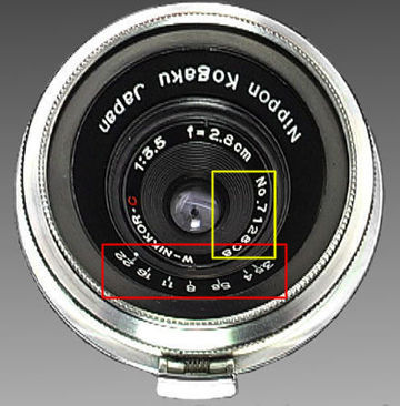 The higher serial number of with widening  depth of field scales format on a Nikon W-Nikkor-C 1:3.5 f=2.8cm (28mm f/3.5) wideangle lens in Nikon Bayonet S-Mount  