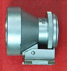 Side  view (left) of Nikon dedicated Optical Finder for 2.8cm f/3.5 rangefinder (RF) wideangle lens